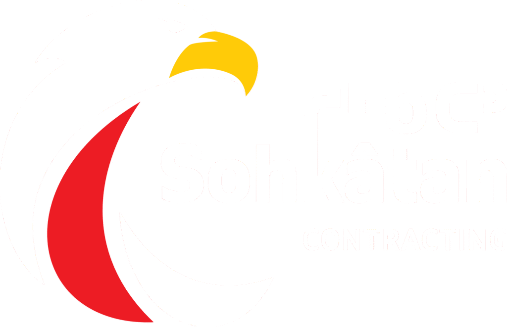 Logo: Eagle head and feathers icon with Cree symbols for Sohkâtan Contracting in 3 colours (white, red and yellow).