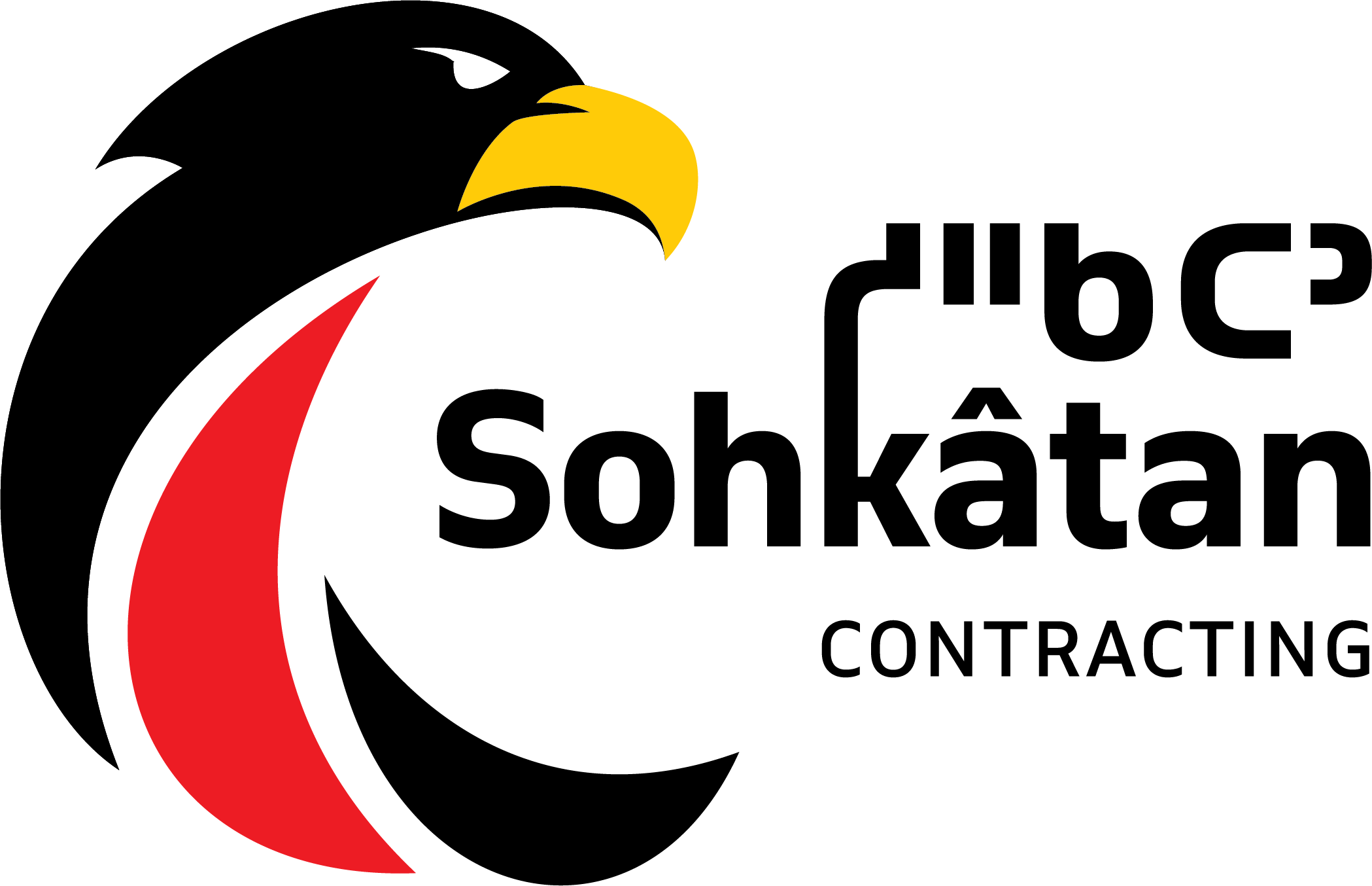 Logo: Eagle head and feathers icon with Cree symbols for Sohkâtan Contracting in 3 colours (black, red and yellow).